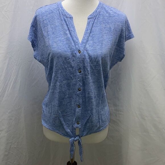 Tommy Bahama Linnea Linen Tie Front Camp Shirt S/S Sz XS Blue - Picture 2 of 9